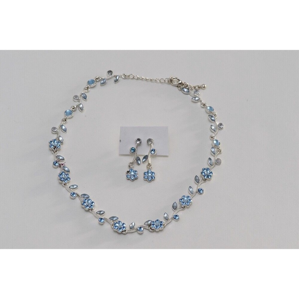 Blue Rhinestone silver tone floral necklace earring set Parure (missing stones)
